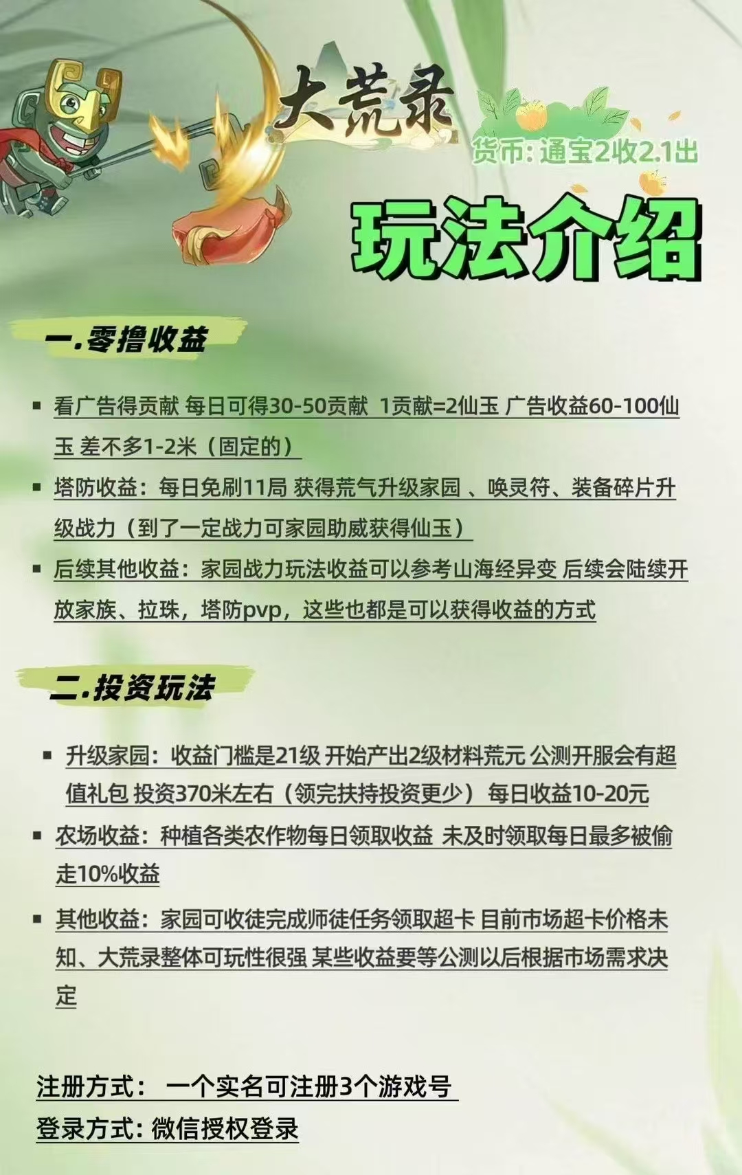大荒录零撸，淘金三国模式，保底收益高，模式新颖。